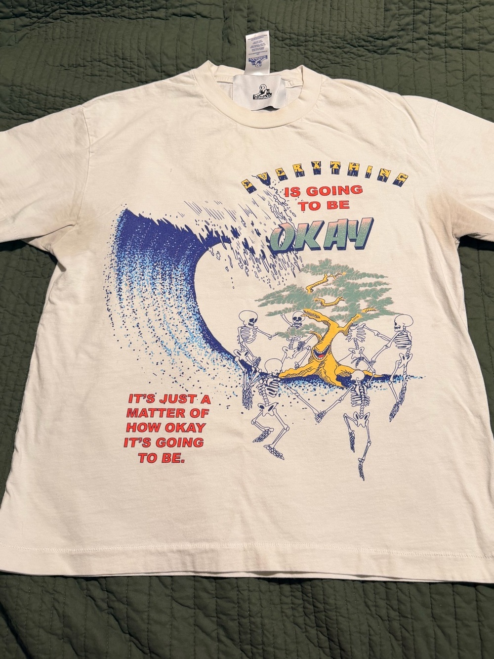 Jungle White Graphic Crewneck Tee with Multicolor Wave & Skeleton Art
